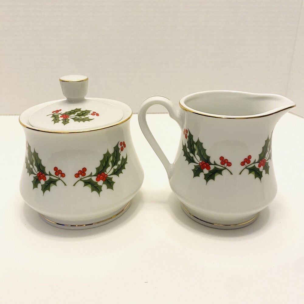 Holly Design Cream And Sugar Holiday Christmas Japan Fine Porcelain Set Of 3